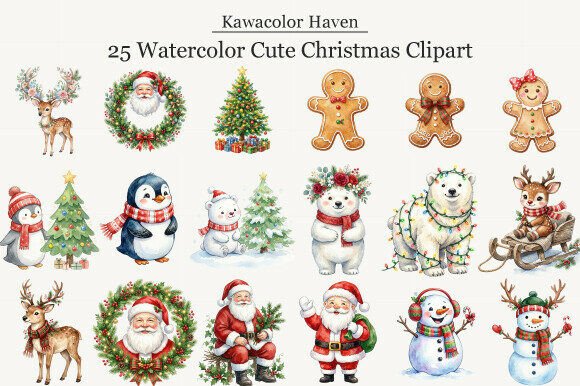 Download Watercolor Cute Christmas Clipart - Color Collection