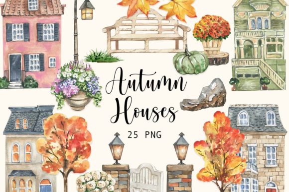 Download Watercolor Autumn Houses Clipart - Color Collection