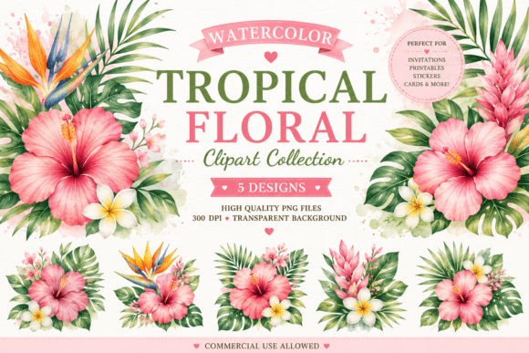 Download Watercolor Tropical Floral Clipart - Color Collection