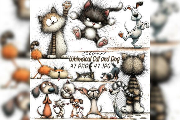 Download Whimsical Cat &amp; Dog Friends Clipart Set - Whimsical Collection