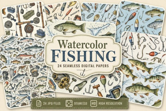 Download Watercolor Fishing Digital Paper - Color Collection