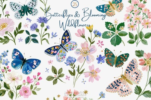 Download Watercolor Butterfly Wildflower Clipart - Color Collection