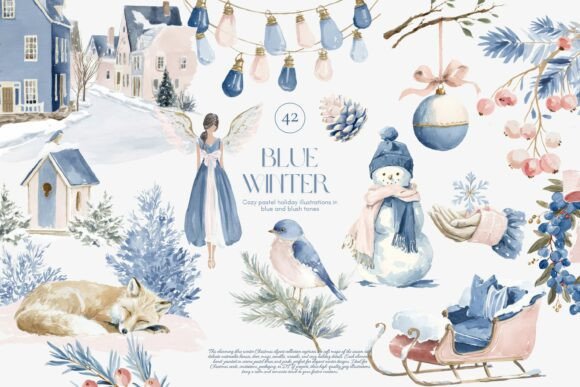 Download Cozy Blue Winter Watercolor Clipart - Color Collection