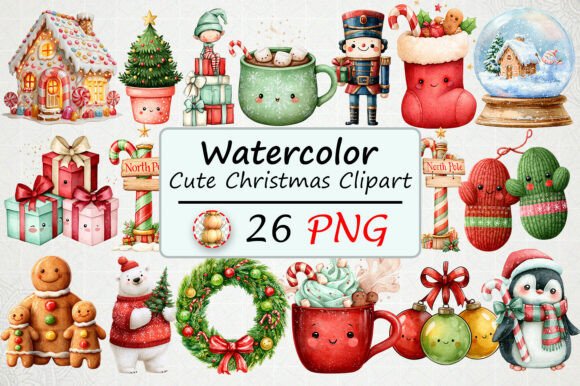 Download Watercolor Cute Christmas Clipart - Color Collection